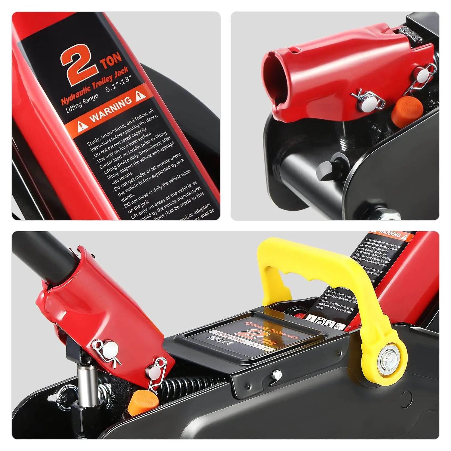 Close-up views of 2 Ton Car Jack And Stands Kit With Hydraulic Floor Jack And Ratchet Stands For Home Garage And Shop, 4000 Lb Capacity, Low Profile Trolley Jack, Red And Black components.