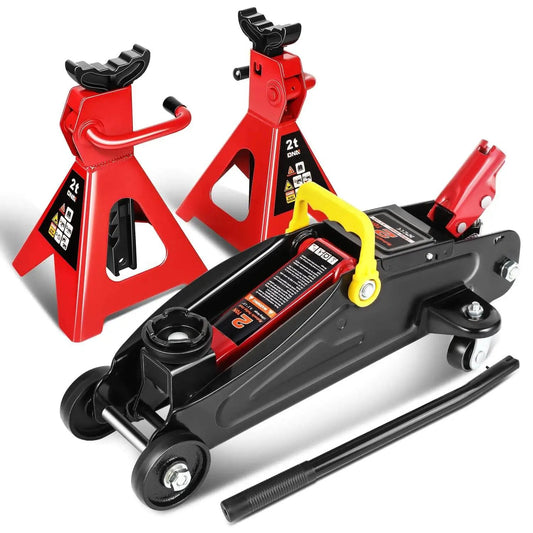 2 Ton Car Jack And Stands Kit With Hydraulic Floor Jack And Ratchet Stands For Home Garage And Shop, 4000 Lb Capacity, Red And Black