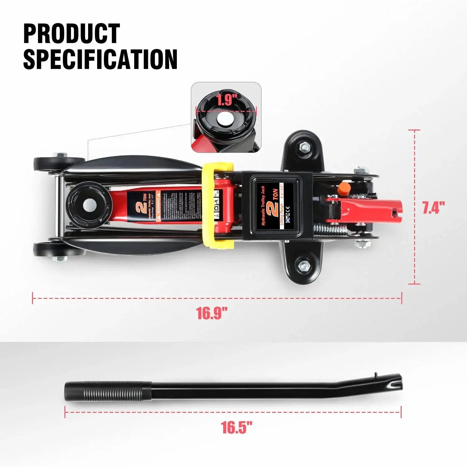 Low Profile Hydraulic Trolley Floor Jack 2 Ton Capacity 4000 Lbs with lifting range 5.1 to 13 inches, black, product dimensions shown.