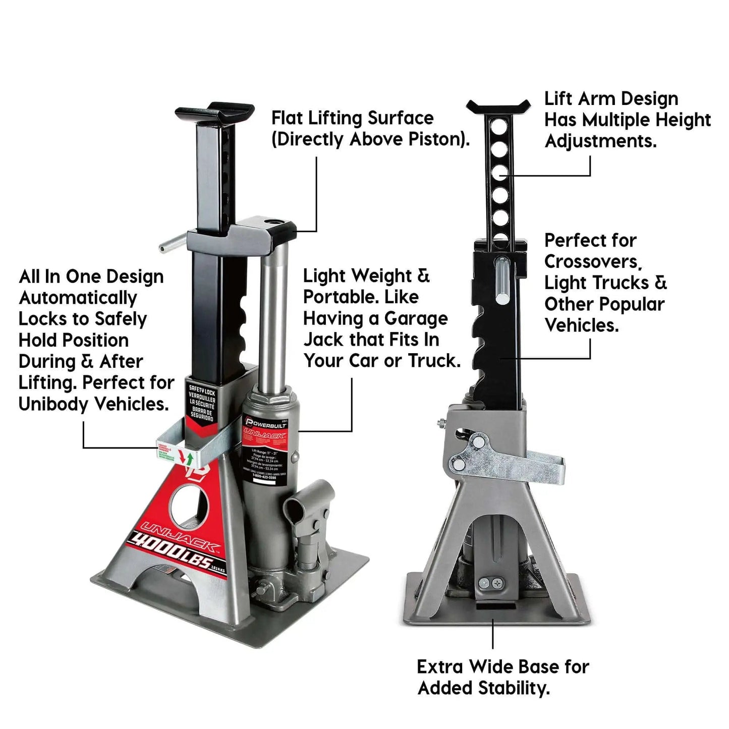 2 Ton UniJack Combination Hydraulic Bottle Jack And Jackstand In One Unit Compact Portable Wide Base Lifts And Holds Cars Unibody Sedans CUVs And SUVs For Safe DIY Repairs By Powerbuilt, front view with stability features.