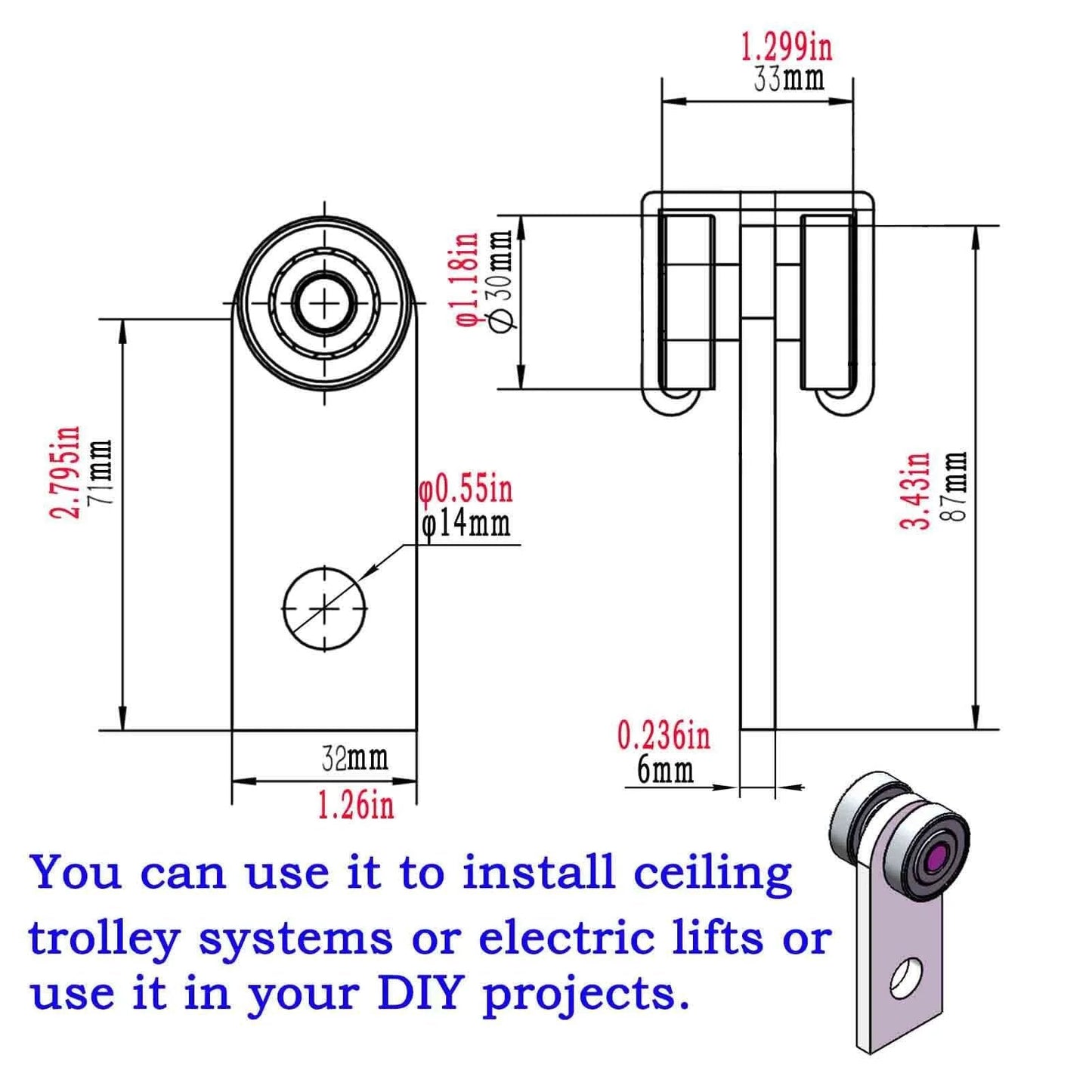 Diagram of 2 Wheel Trolley Assembly Rollers with Dual Bearings for 1-5/8 Inch & Taller Strut Channel, dimensions marked.