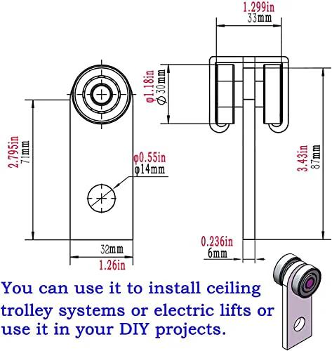 Technical diagram of 2 Wheel Trolley Assembly Rollers with Dual Bearings for 1-5/8 Inch & Taller Strut Channel, showing dimensions.