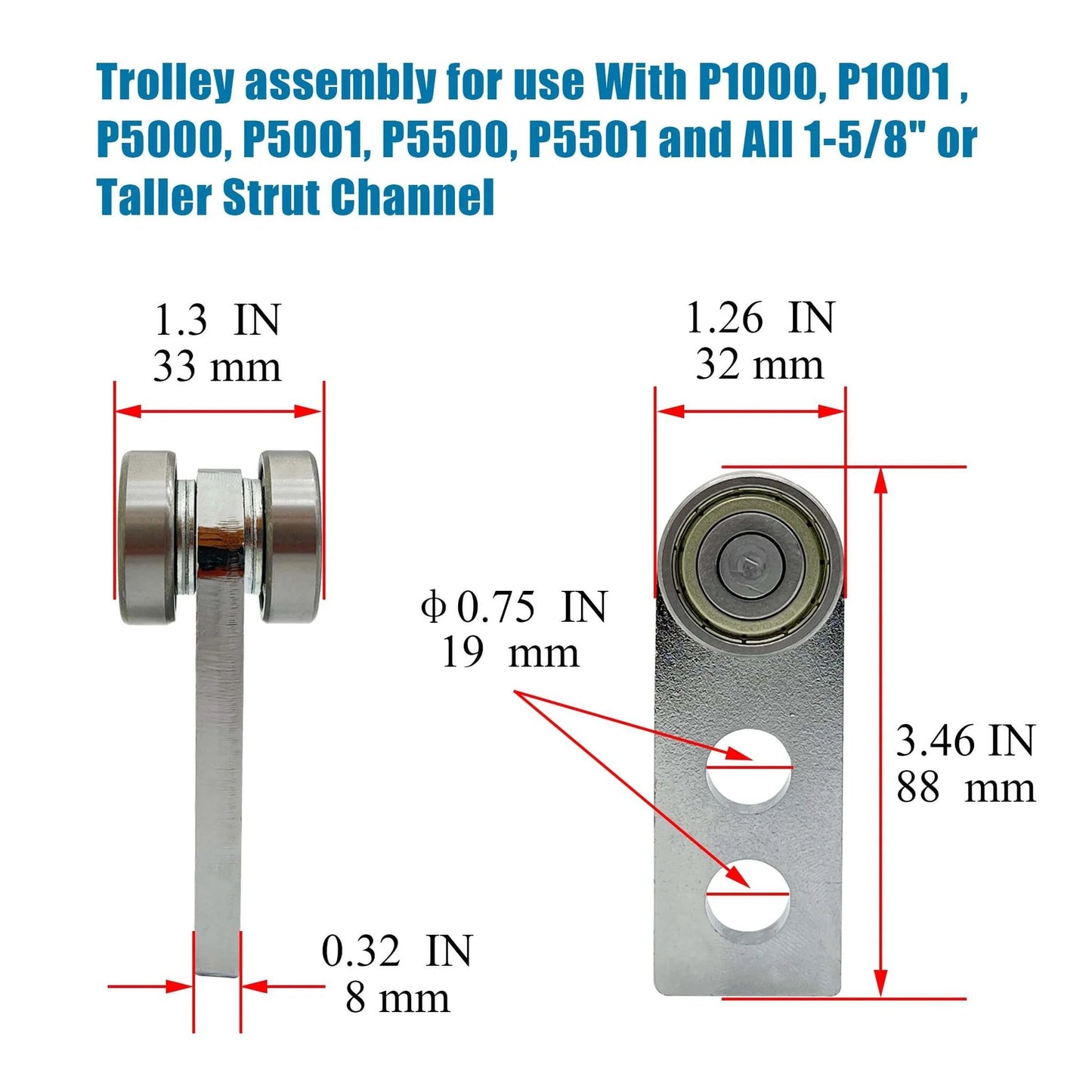 2 Wheel Trolley Assembly Rollers with Double Bearings for 1-5/8 Inch Wide & Taller Strut Channel, side view with measurements