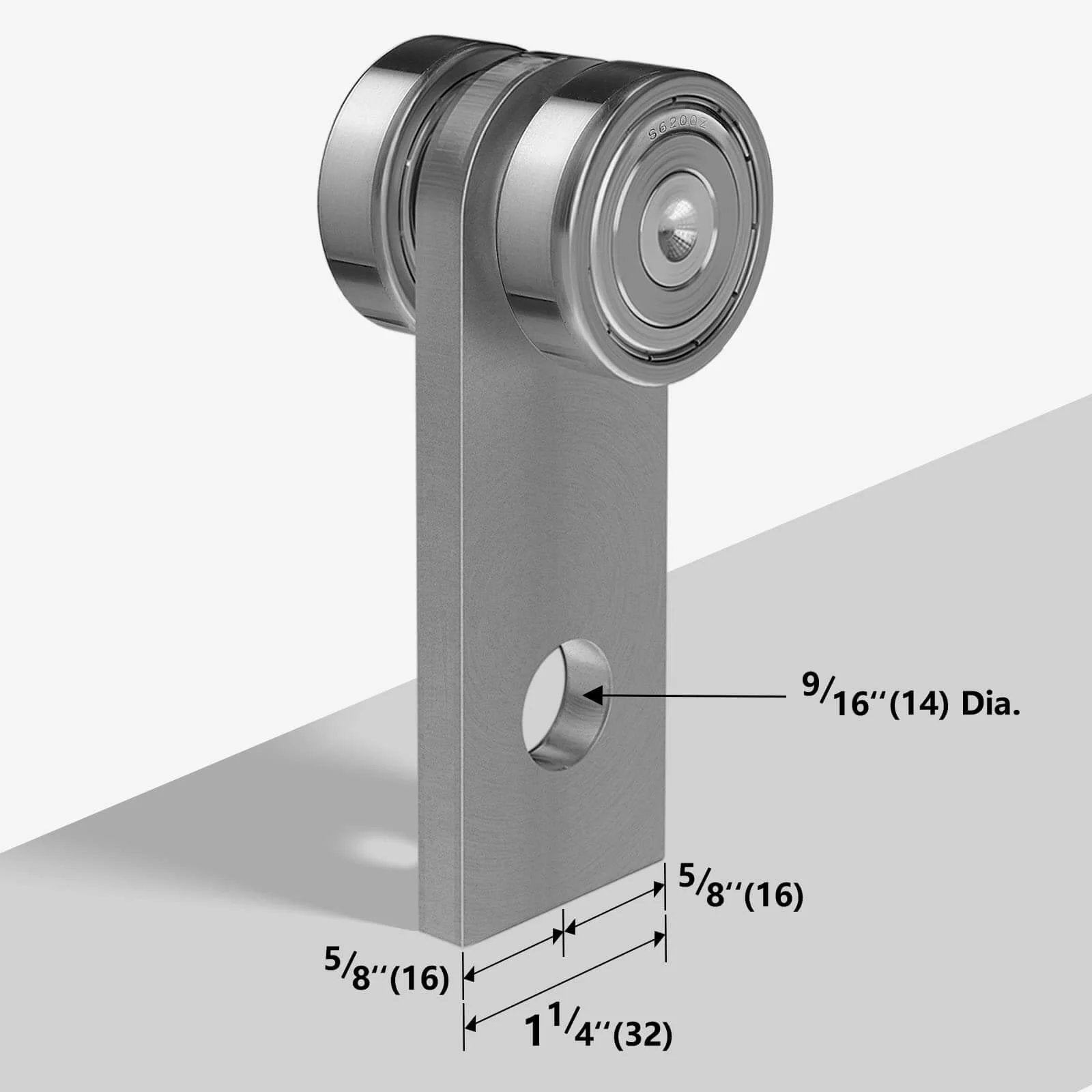 2 Wheel Trolley Assembly Rollers with Dual Bearings for 1-5/8 Inch & Taller Strut Channel, side view showing measurements