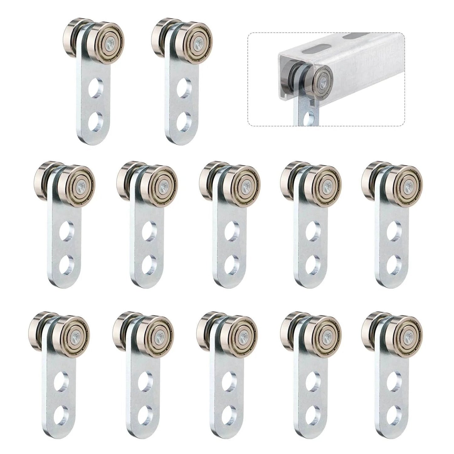 Pack of 12 two-wheel trolley assembly rollers for 1-5/8 inch strut channels, shown with bearing design and installation example.