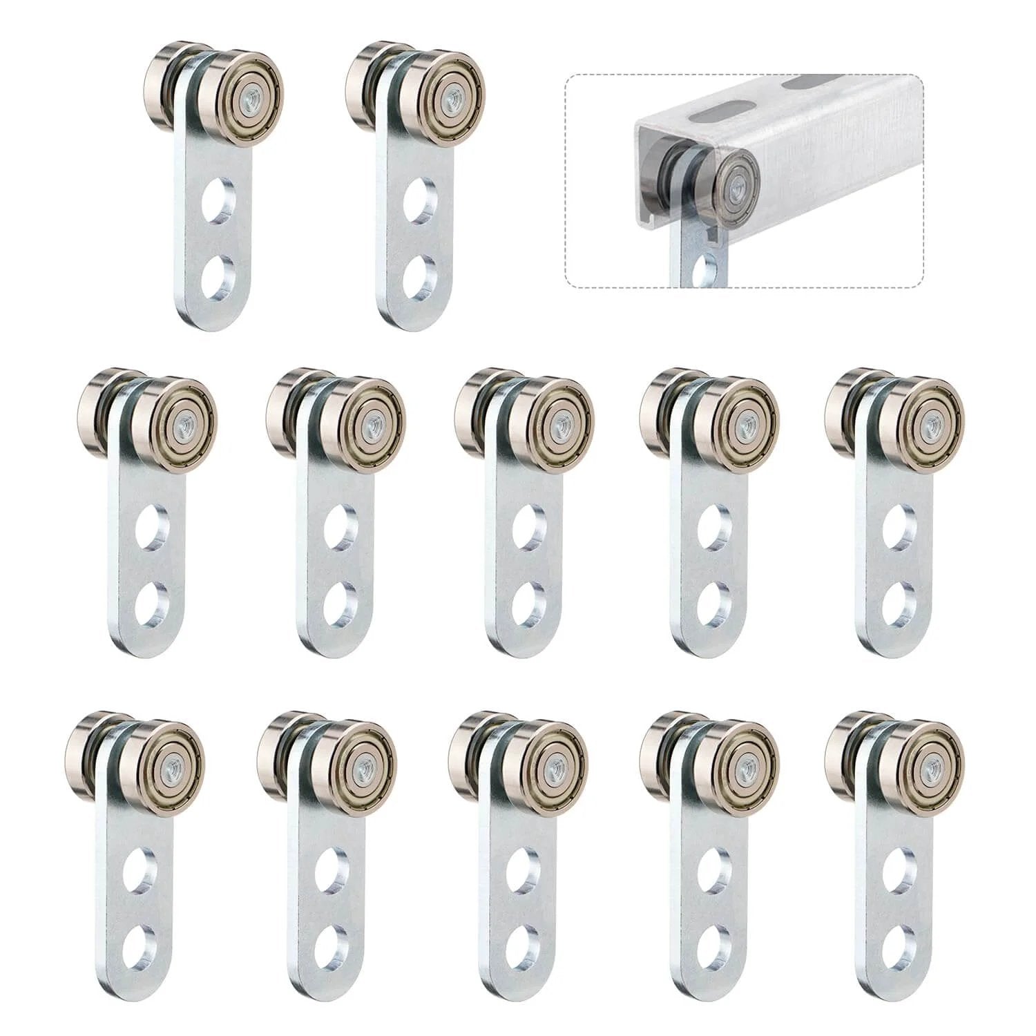 Pack of 12 two-wheel trolley assembly rollers for 1-5/8 inch strut channels, shown with bearing design and installation example.