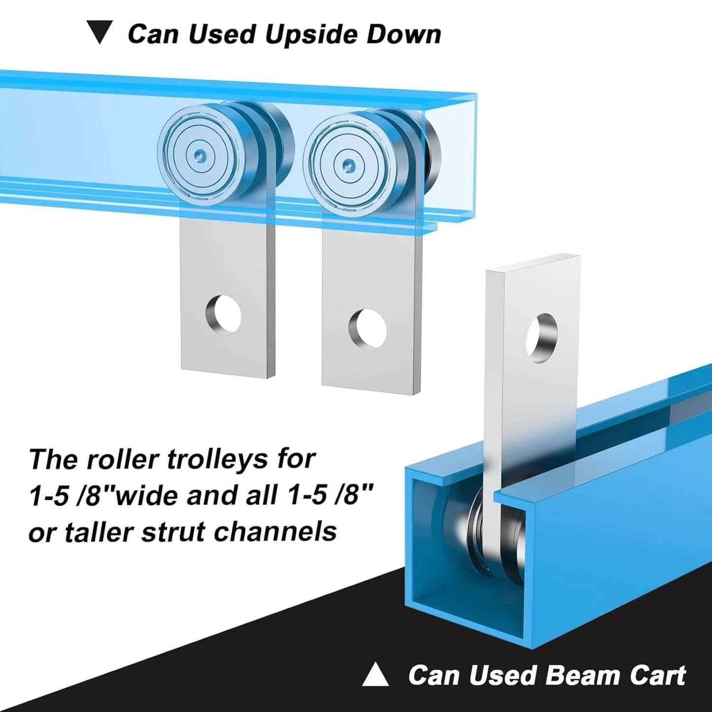 Diagram showing 2 Wheel Trolley Assembly Rollers for 1-5/8 Inch Wide & Taller Strut Channel, Silver Carbon Steel