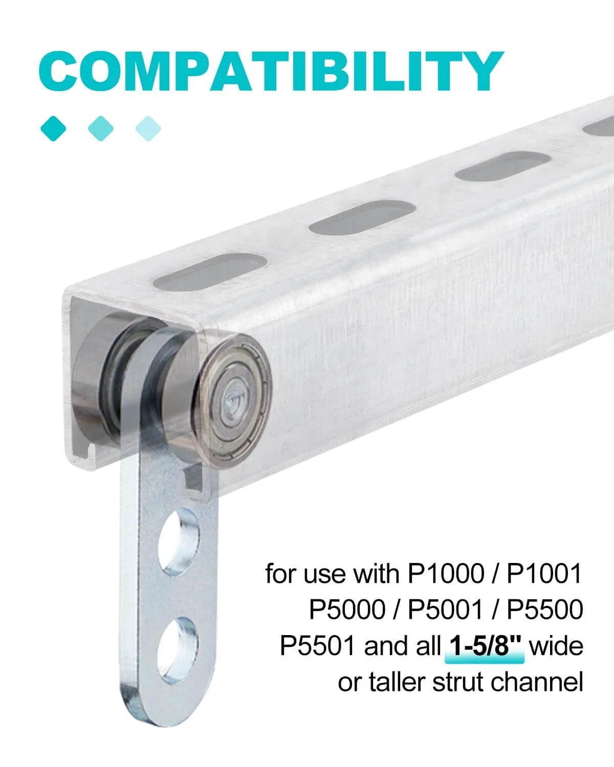 2 Wheel Trolley Assembly Rollers Bearing Design for 1-5/8 Inch Wide and Taller Strut Channels showing compatibility with P1000