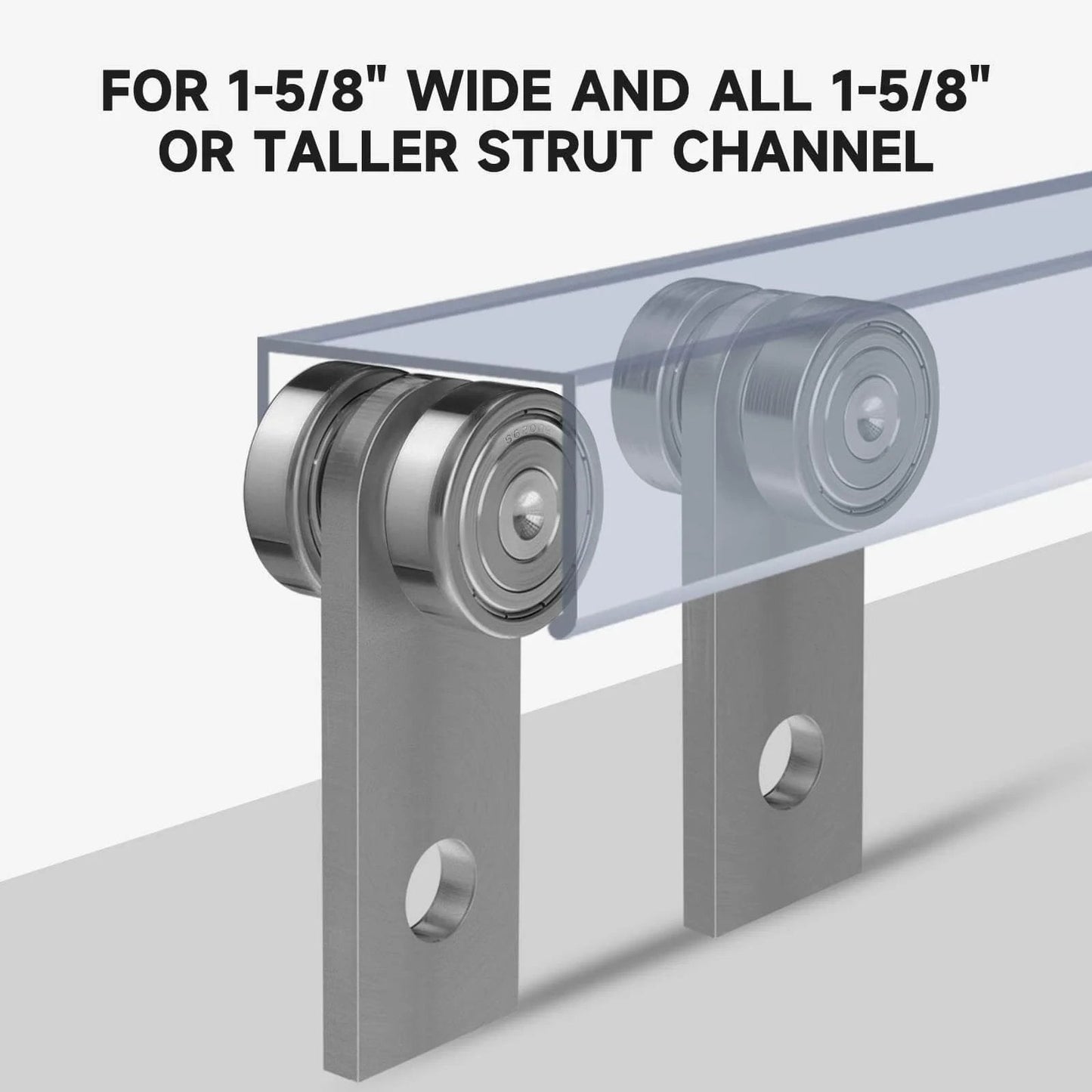 2 Wheel Trolley Assembly Rollers with Dual Bearings for 1-5/8 Inch & Taller Strut Channel, hot rolled carbon steel close-up
