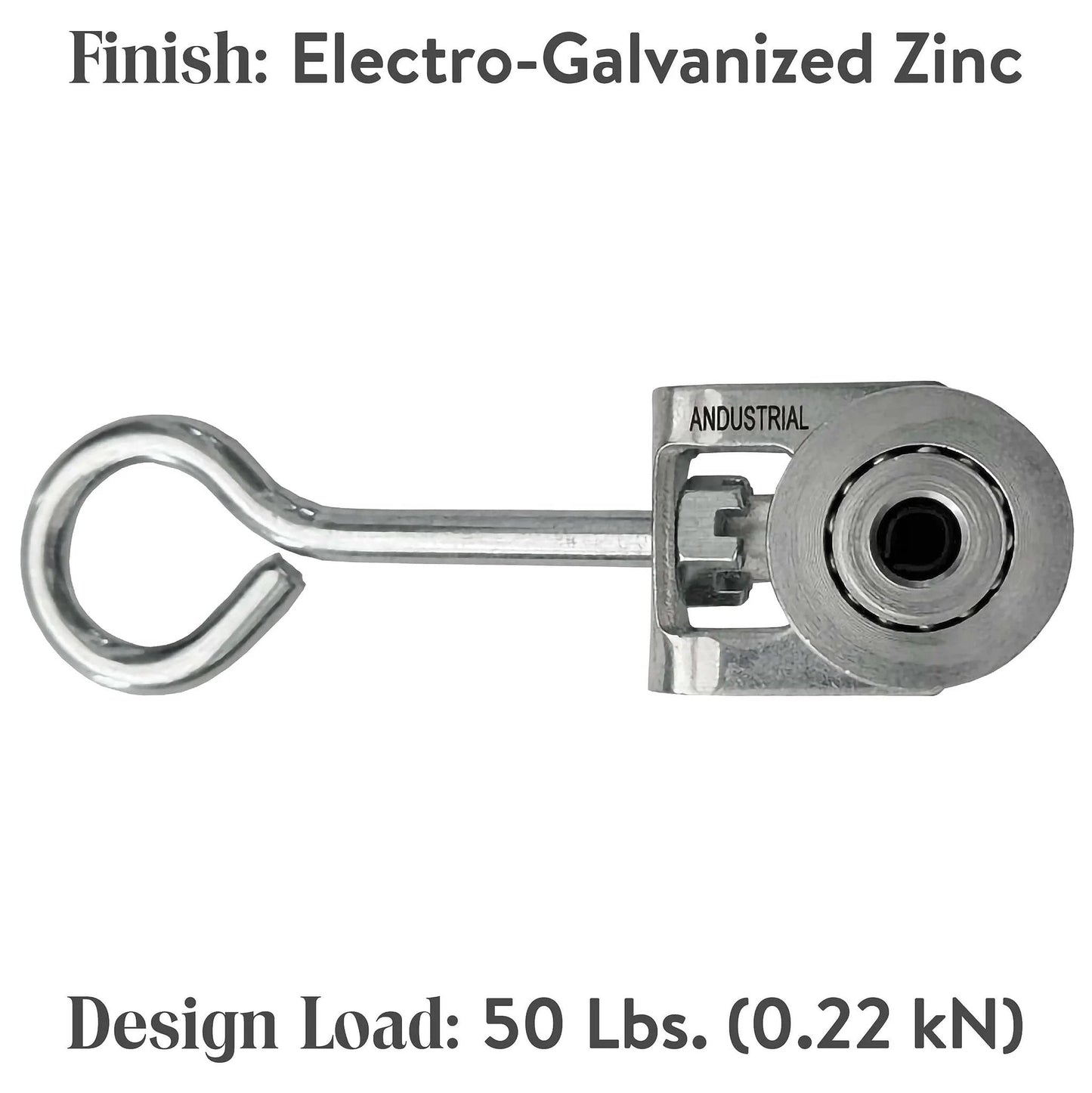 2 Wheels Trolley Assembly Rollers with Eye Hook Loop Silver Electro Galvanized Zinc Finish side view