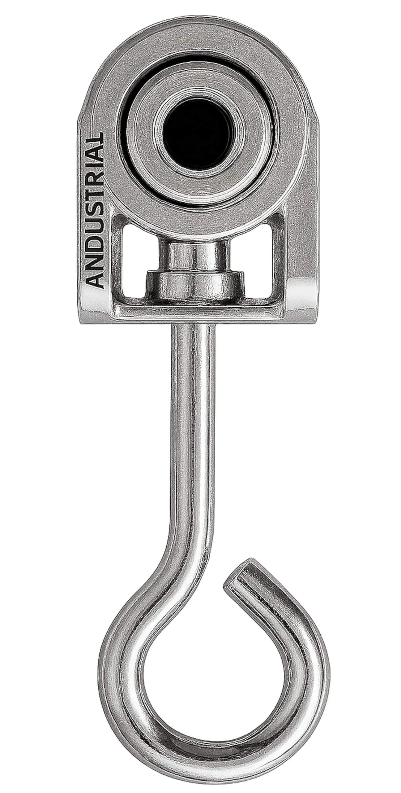 Front view of 2 Wheels Trolley Assembly Roller with Eye Hook Loop, silver electro galvanized zinc finish, for 1-5/8 inch strut channels.
