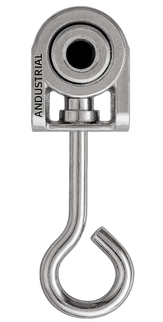 Front view of 2 Wheels Trolley Assembly Roller with Eye Hook Loop, silver electro galvanized zinc finish, for 1-5/8 inch strut channels.