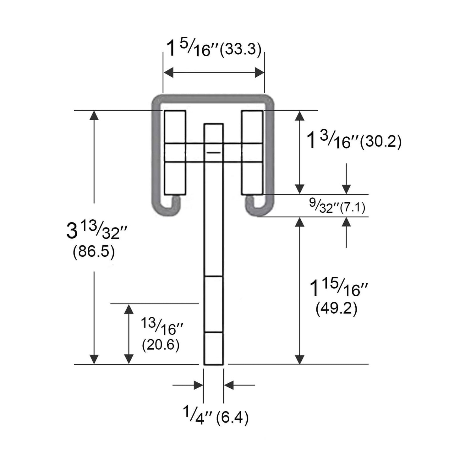 Technical diagram of 2 Wheel Trolley Assembly Rollers with Dual Bearings for 1-5/8 Inch & Taller Strut Channel dimensions.