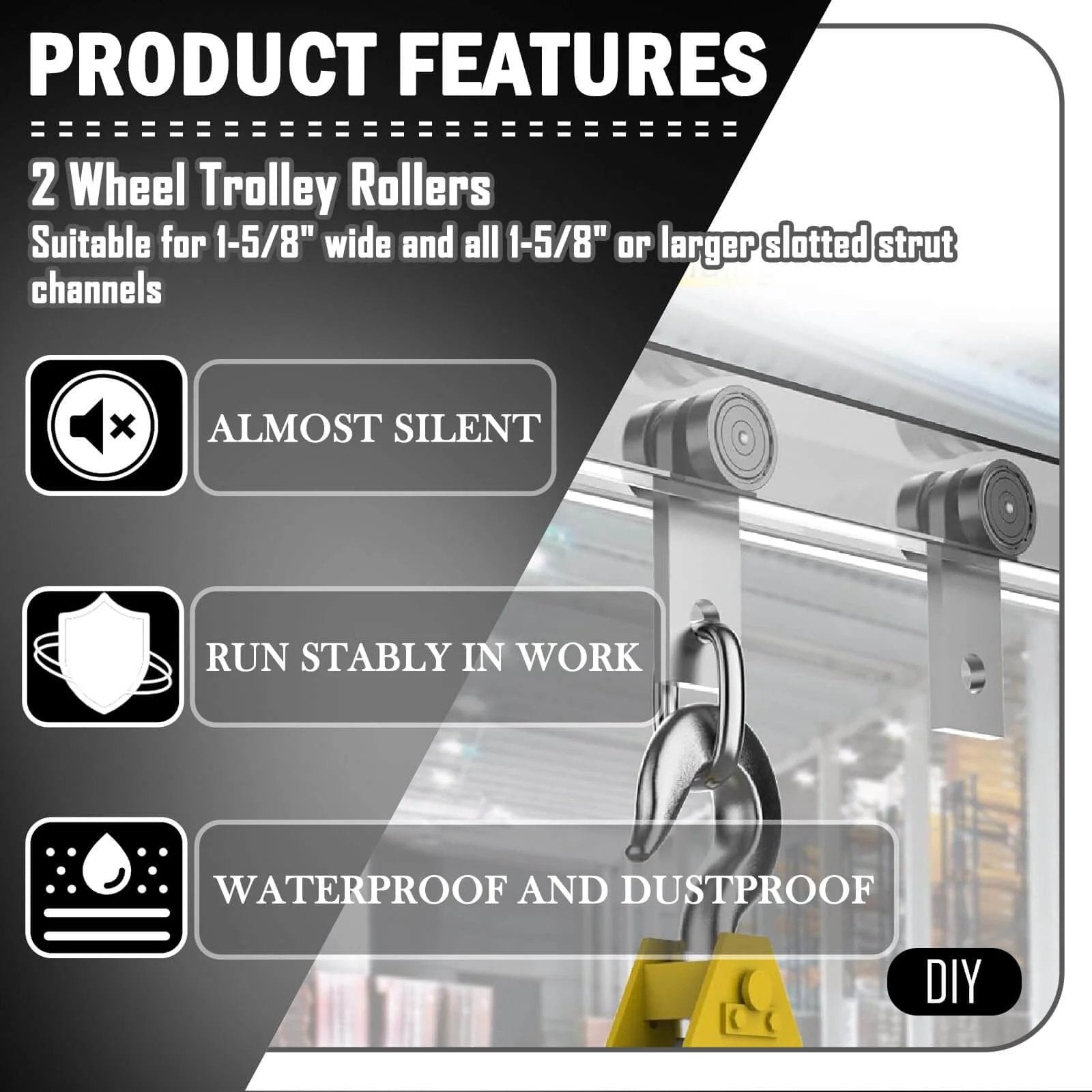 Product features of 2 Wheel Trolley Assembly Rollers for 1-5/8 Inch & Taller Strut Channel, showing silent operation and stability.
