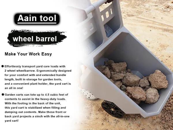 2 Wheel Wheelbarrow 300 LB Capacity Heavy Duty Yard Cart with 9 Inch Solid Tires and Grey Plastic Tub filled with rocks