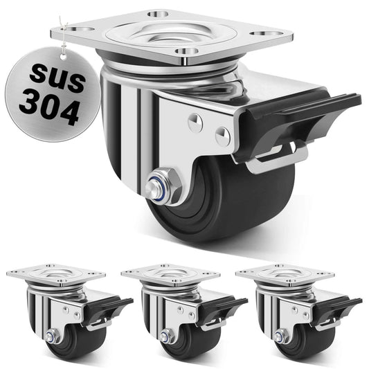 2.5 inch heavy duty stainless steel low profile caster wheels made from SUS 304, industrial grade casters with brakes in a 4 pack