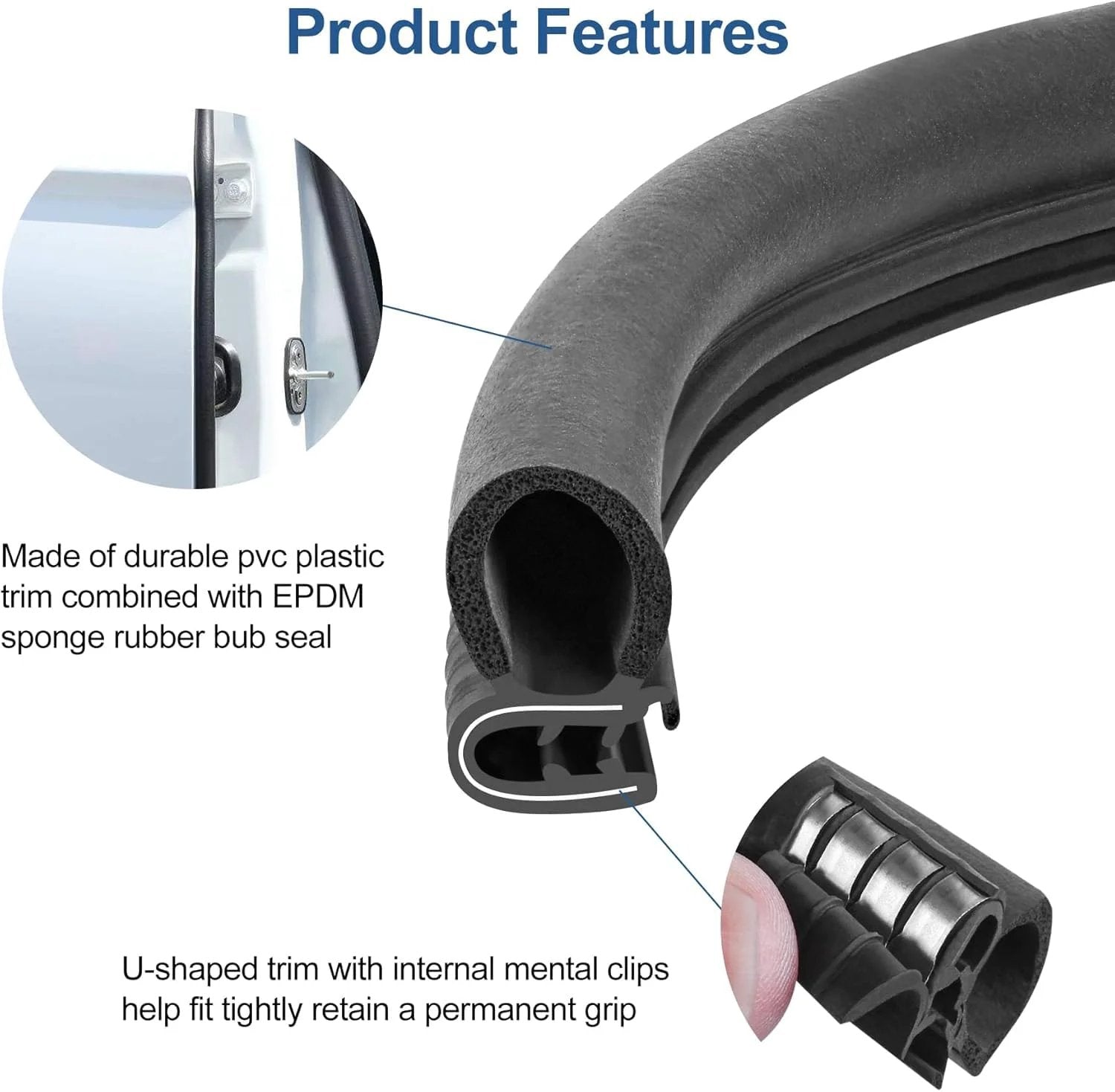 Close-up of 20 Foot Car Door Weather Stripping Kit With Rubber Edge Trim Seal showing U-shape trim and internal clips installation details.