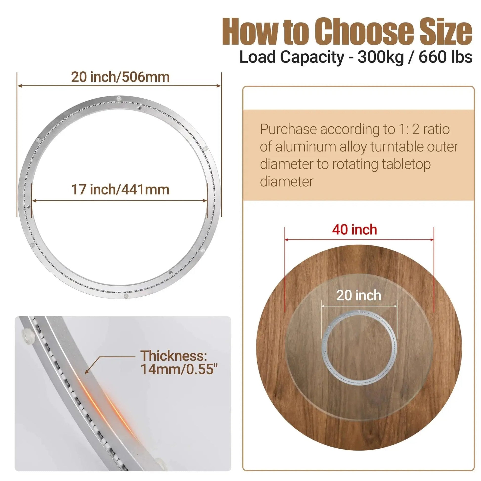 Dimensions and load capacity of 20 Inch Heavy Duty Aluminum Lazy Susan Bearing Rotating Turntable Ring for tables and DIY furniture.