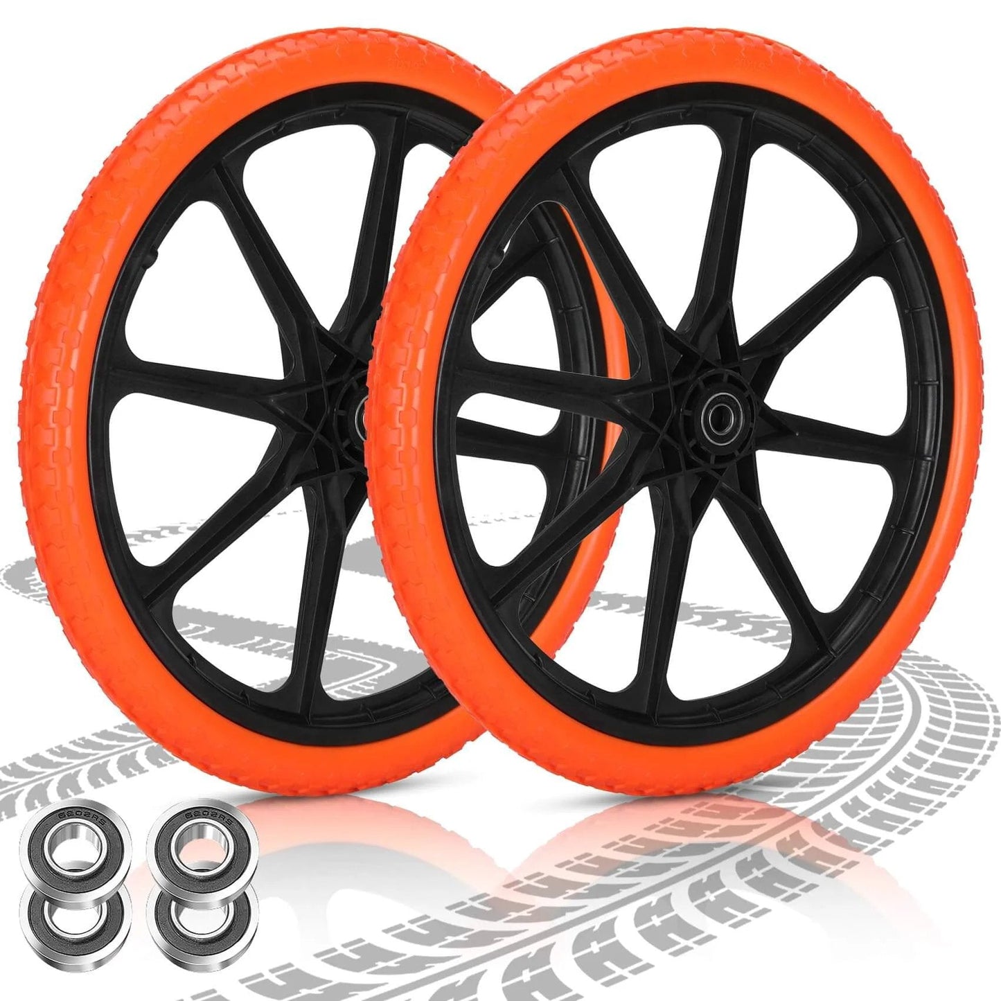 20x1.95 Inch Flat Free Tires Compatible with Rubbermaid Wheelbarrow Wheels, orange tires with dual bearings and ABS rim.
