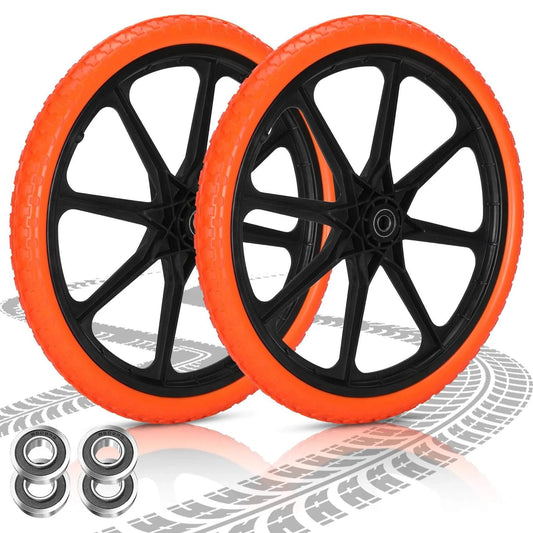 20x1.95 Inch Flat Free Tires Compatible with Rubbermaid Wheelbarrow Wheels, orange tires with dual bearings and ABS rim.