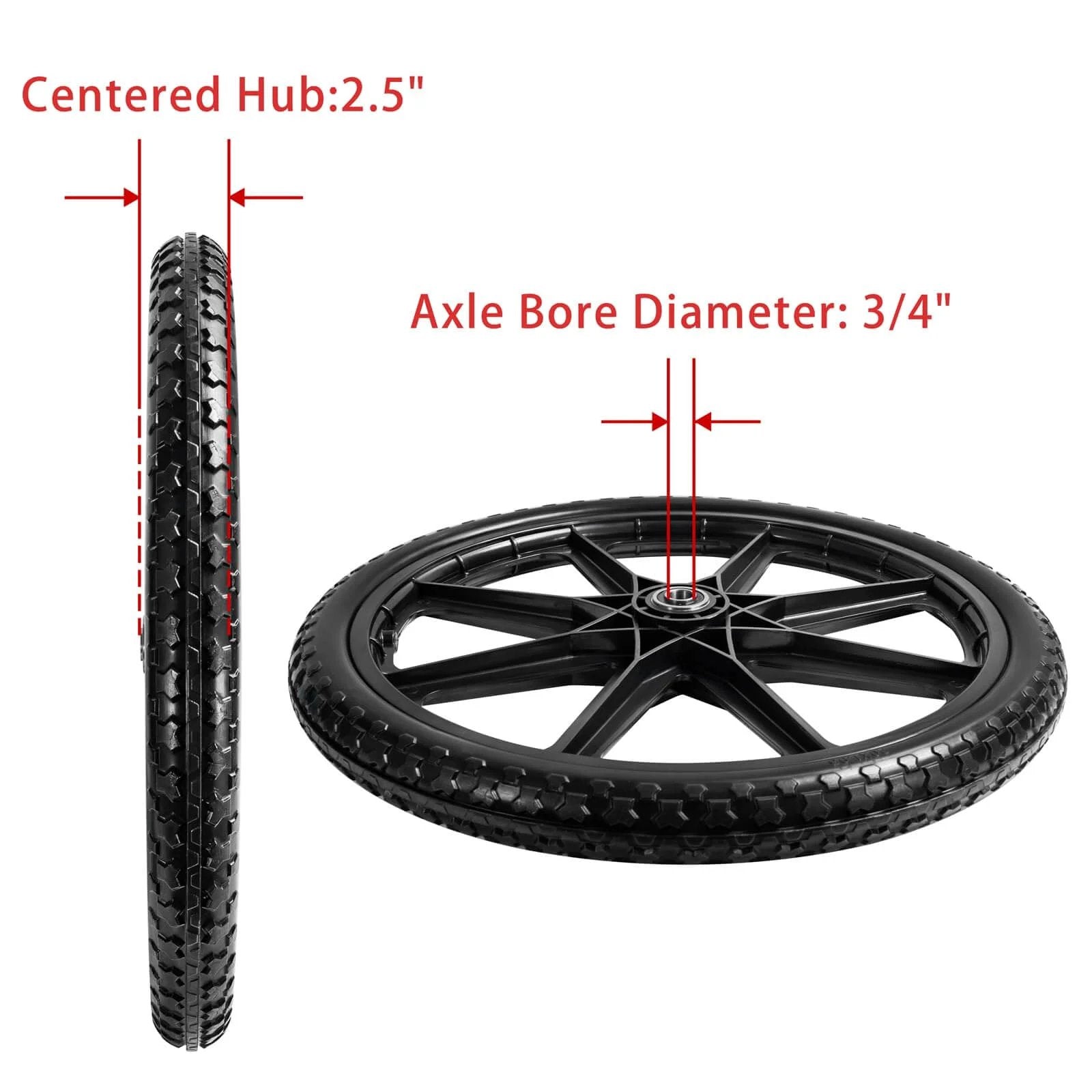 20 Inch Flat Free Tire Cart Wheels Replacement, Solid Rubber Wheel showing 3/4 inch axle bore diameter and centered hub dimensions.