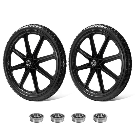 20 Inch Flat Free Tire Cart Wheels Replacement, Solid Rubber Wheels with 3/4 Inch Bearings Installed and Extra 5/8 Inch Bearings, 2 Pack