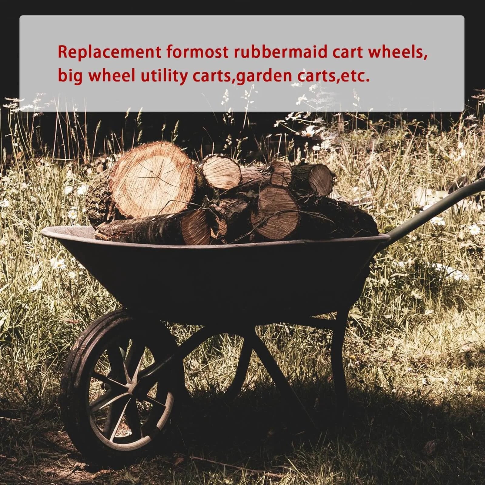 20 Inch Flat Free Tire Cart Wheels Replacement, Solid Rubber Wheels in a wheelbarrow with logs for garden use.