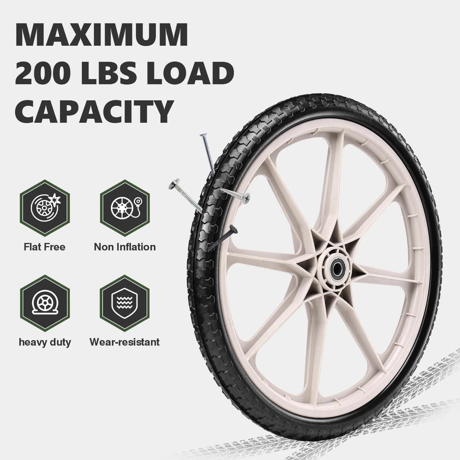 20 Inch Flat Free Tire and Wheel Set of 2 with solid polyurethane airless design featuring centered hub dual 5/8 and 3/4 inch bearings spacer kit and grey finish