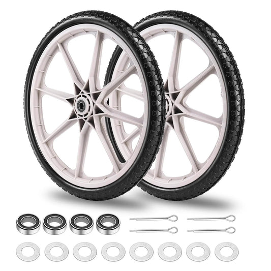 20 Inch Flat Free Tire and Wheel Set of 2 with solid polyurethane airless design featuring centered hub dual 5/8 and 3/4 inch bearings spacer kit and grey finish for Rubbermaid wheelbarrows lawn carts and big wheel utility carts.
