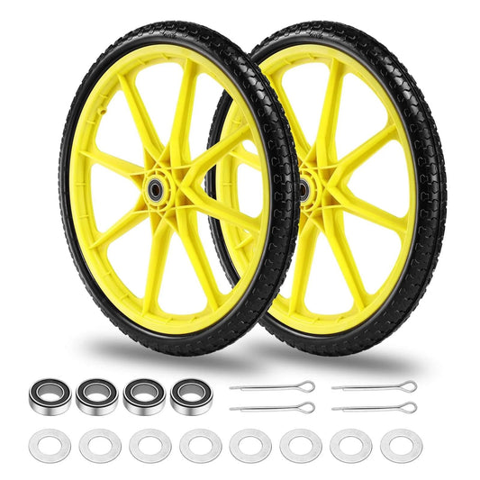 20 Inch Flat Free Tire and Wheel Set of 2 in yellow with solid polyurethane airless design view featuring dual 5/8 and 3/4 inch bearings.