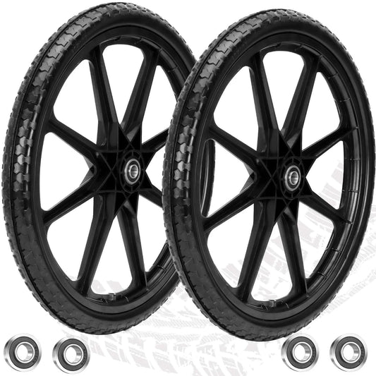 20 Inch Flat Free Wheels Compatible with Rubbermaid Wheelbarrow Tires, solid replacement tires with dual bearings.