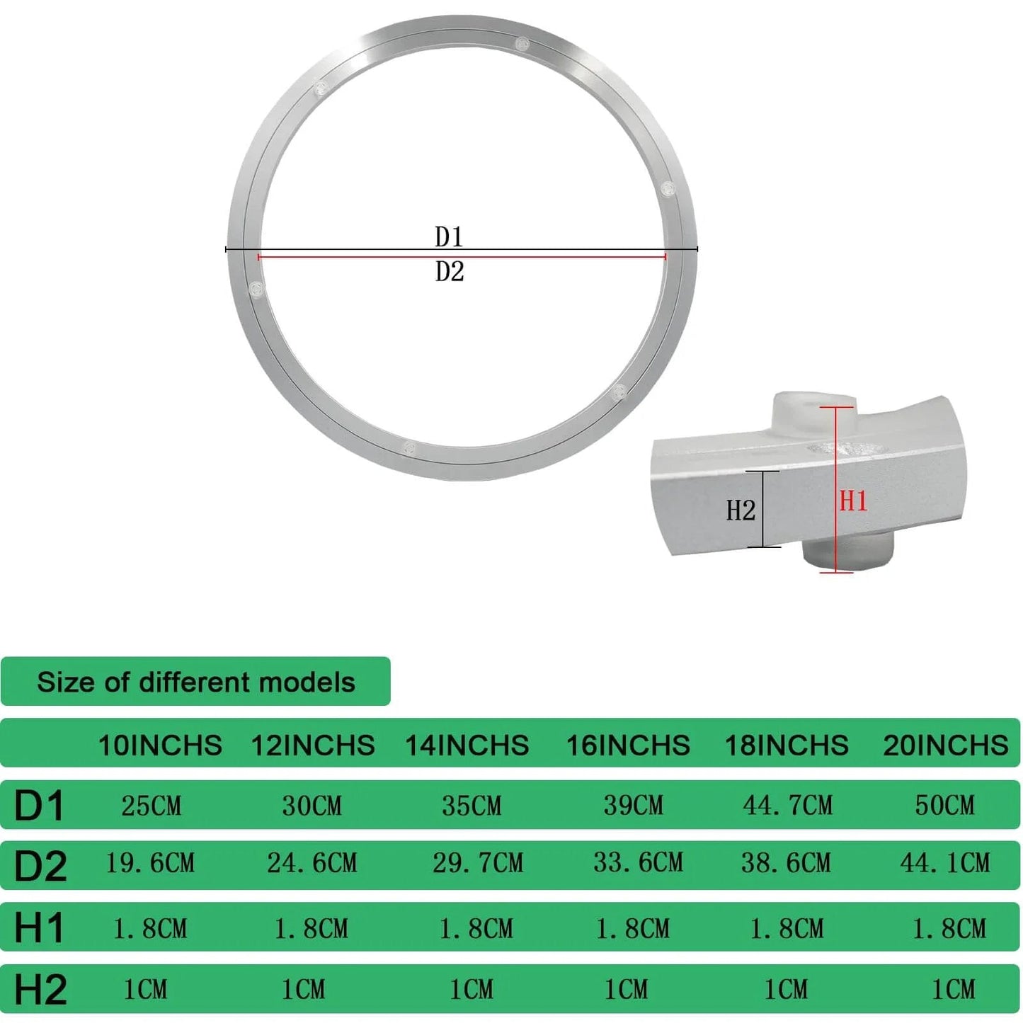 Diagram showing dimensions of a 20 Inch Heavy Duty Lazy Susan Hardware Aluminum Bearing Metal Rotating Turntable Swivel Plate.