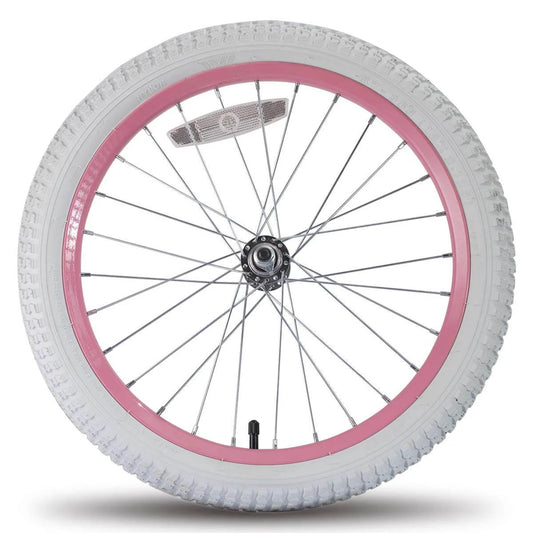20 Inch Kids Bike Front Wheel Replacement with White Air Rubber Tire, Pink Steel Rim, Stainless Spokes, 3/8 inch axle
