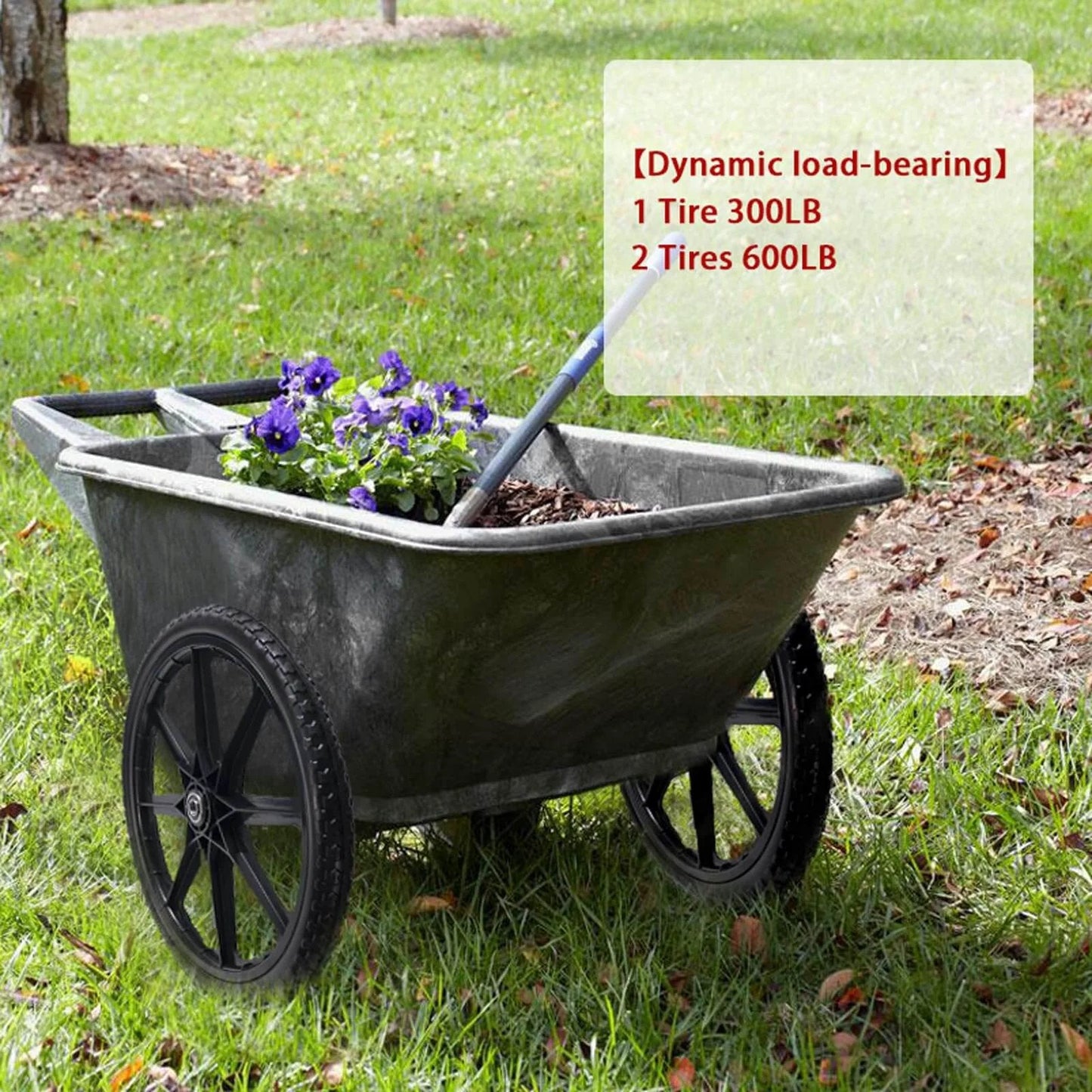 20 Inch Flat Free Tire Cart Wheels Replacement installed on a garden cart with flowers, solid rubber wheels for heavy duty use.