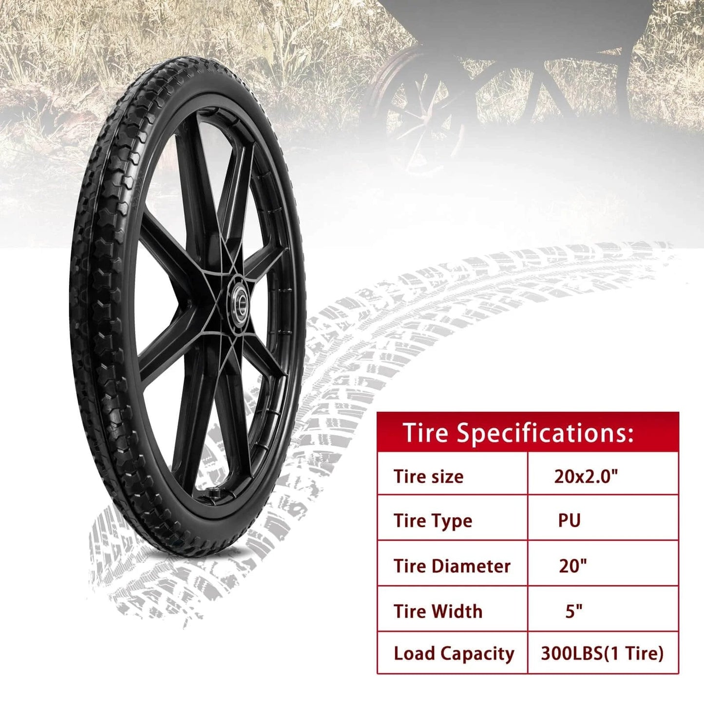 20 Inch Flat Free Tire Cart Wheels Replacement, Solid Rubber Wheels with 3/4 Inch Bearings installed, black tire design.