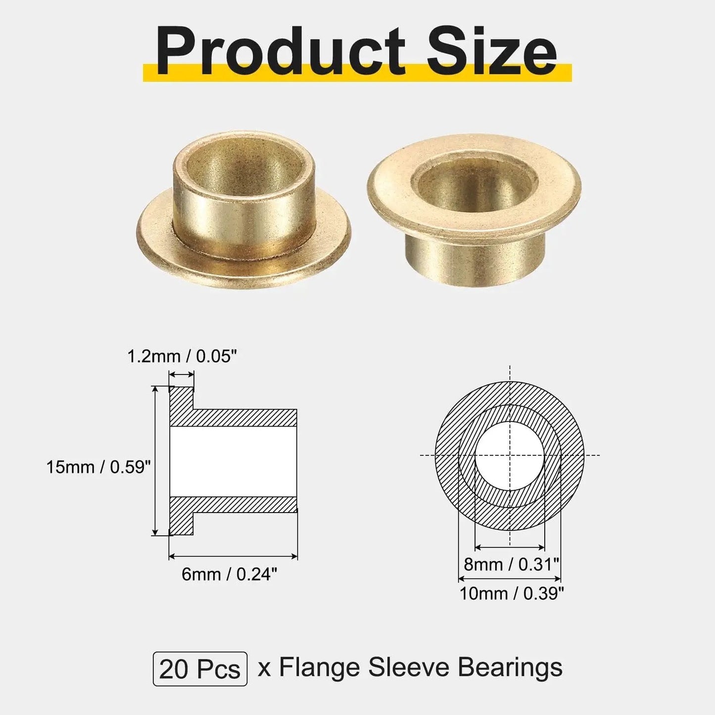 Image showing 20 Pcs Flange Sleeve Bearings Set With 8mm Bore 10mm OD 6mm Length 15mm Flange Diameter And 1.2mm Flange Thickness Self Lubricating Sintered Bronze Bushing dimensions