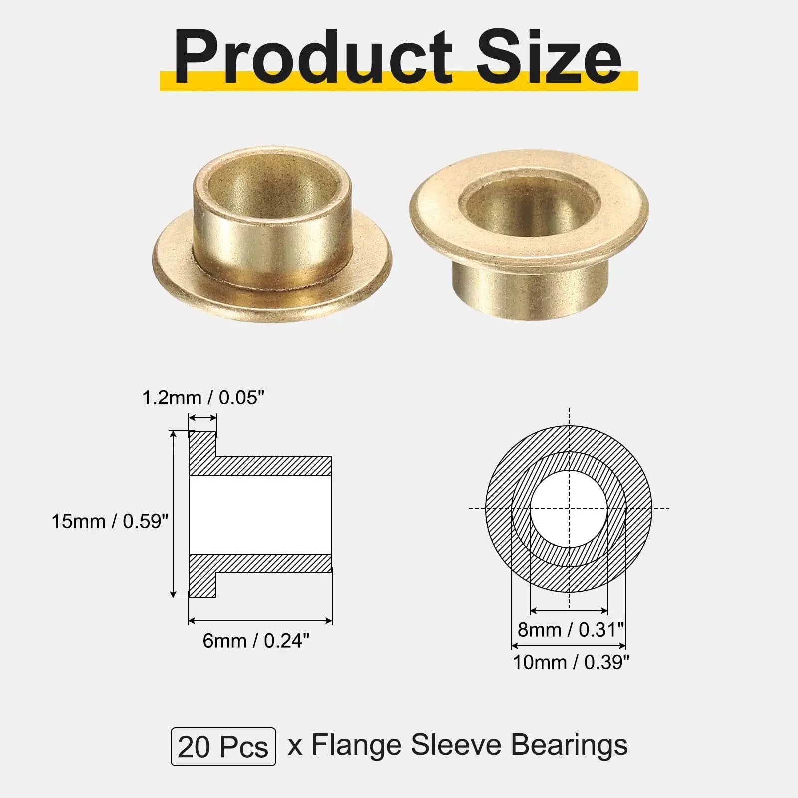 Image showing 20 Pcs Flange Sleeve Bearings Set With 8mm Bore 10mm OD 6mm Length 15mm Flange Diameter And 1.2mm Flange Thickness Self Lubricating Sintered Bronze Bushing dimensions