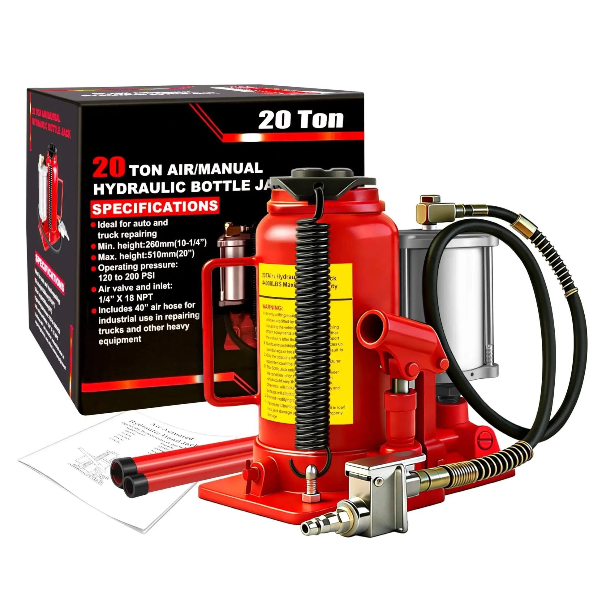 Heavy Duty 20 Ton Air Hydraulic Bottle Jack With Pneumatic Pump Ten And A Quarter Inch To Twenty Inch Lift Range Manual Handle Welded Steel Construction Chrome Piston Rod Includes Color Box For Cars Trucks RVs Auto Repair