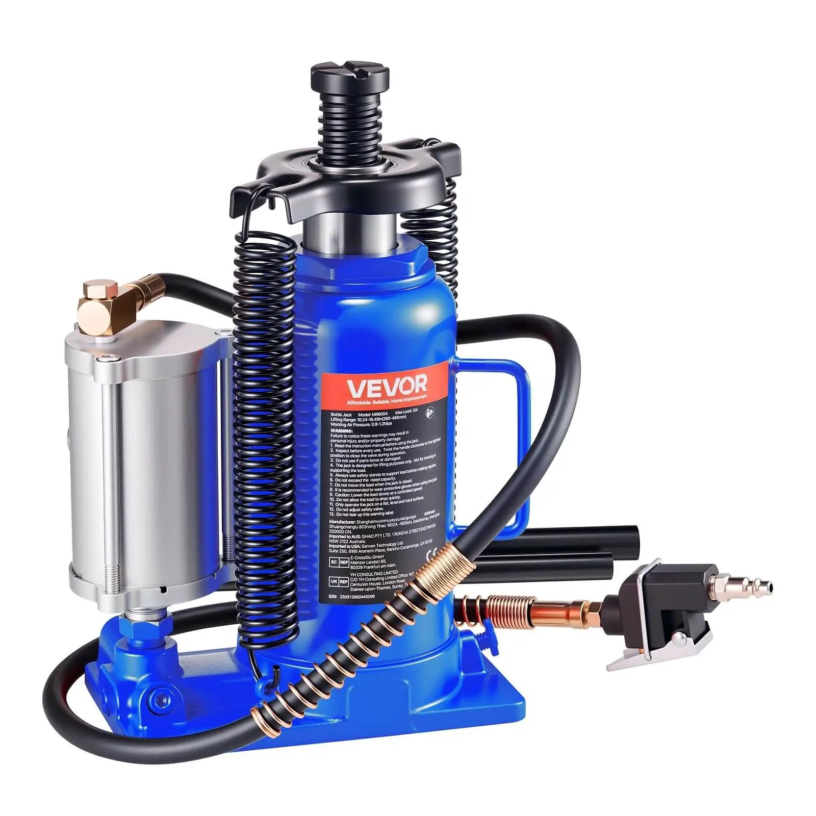 Heavy Duty 20 Ton Bottle Jack With Pneumatic Or Manual Lift For Cars SUVs Trucks And RVs, 10.2 To 19.5 Inch Lifting Range