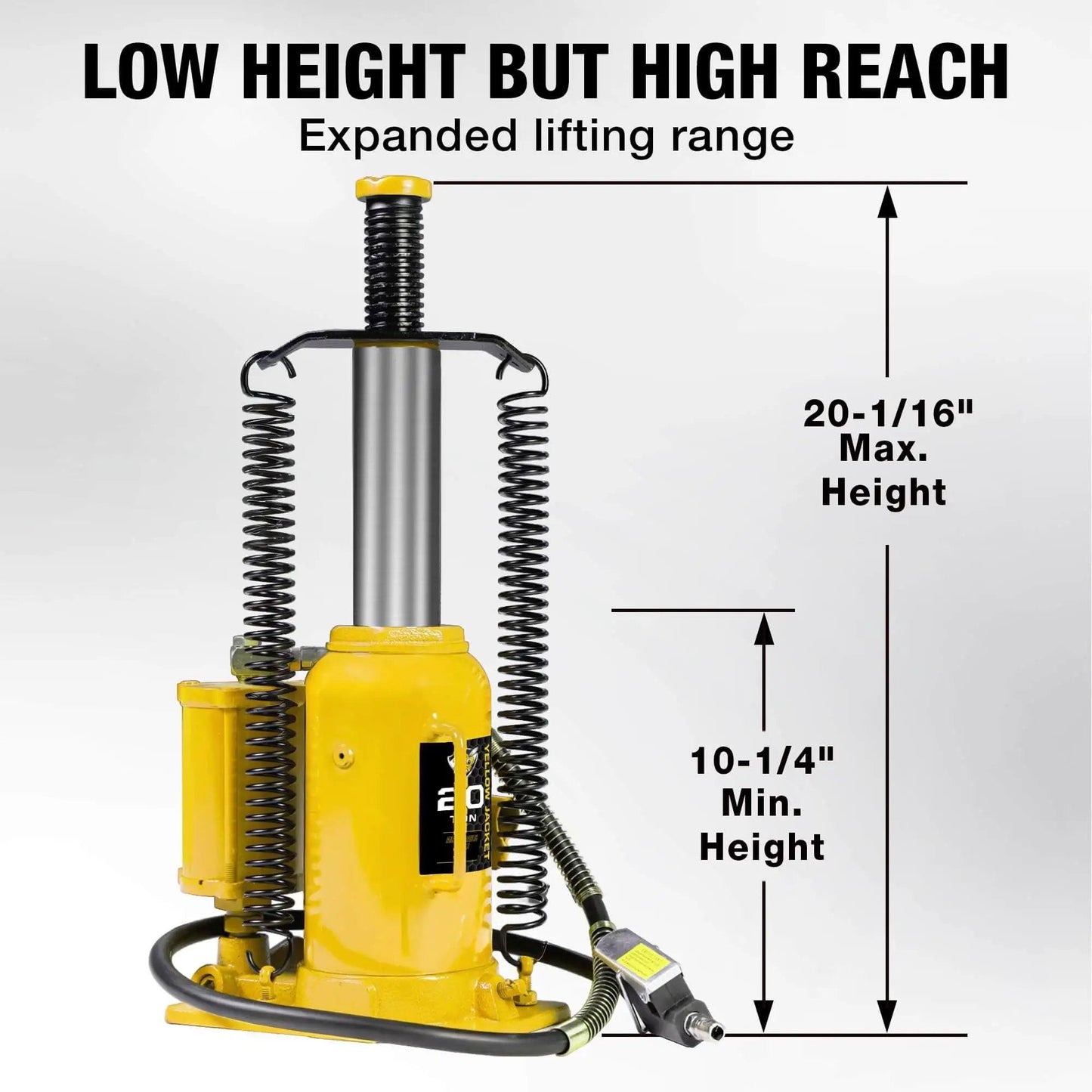 Massive 20 Ton Pneumatic Bottle Jack For Trucks And Autos With Air And Manual Pump, Adjustable Lift From About 10 7/16 In To 20 1/16 In, Heavy Duty Auto Shop Jack By Yellow Jacket front view
