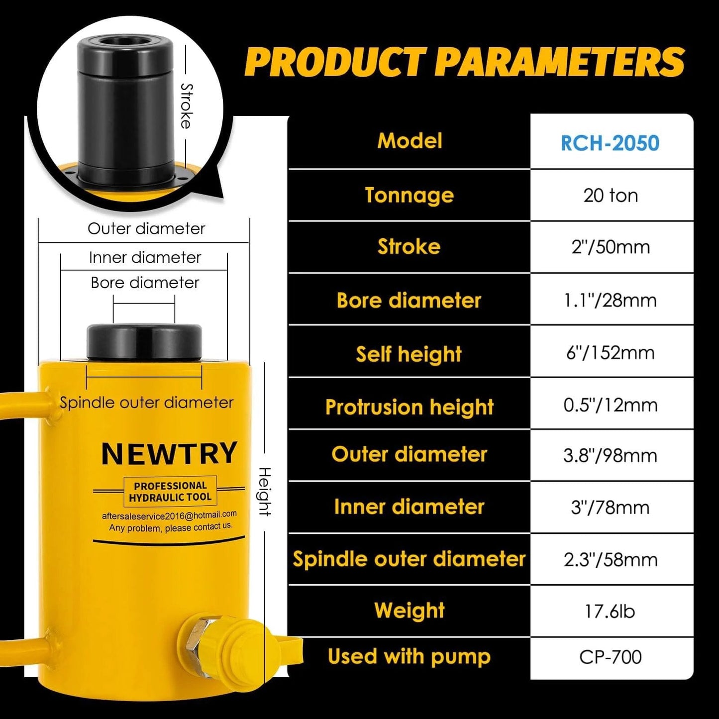 Product parameters for 20 ton Hydraulic Hollow Jack Cylinder 2’’ Stroke Porta Power Ram with dimensions and specifications shown.