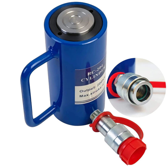 Blue 20 Ton Hydraulic Cylinder Ram Single Acting 4 Inch Stroke with connector close-up, 100mm Stroke - Hydraulic Cylinder