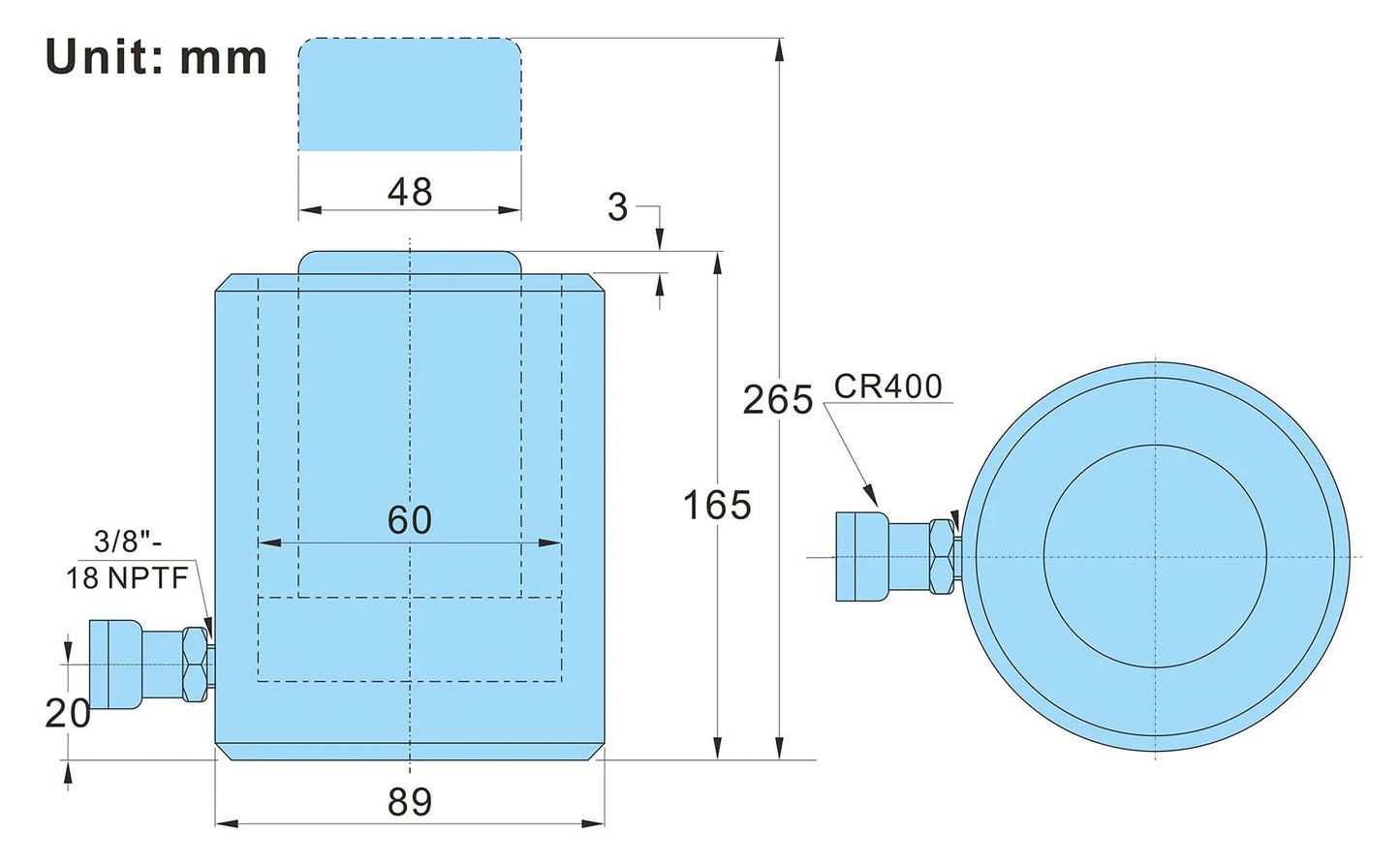 Technical diagram of a 20 Ton Hydraulic Cylinder Ram Single Acting 4 Inch Stroke with detailed measurements and port locations.