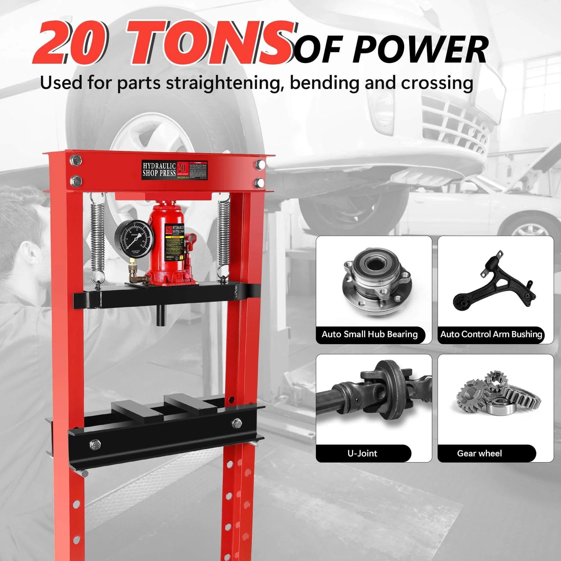 ✝️ Hydraulic Shop Press,20 Ton H-Frame Garage Floor Adjustable Shop Bearing Press with Pressure Gauge & Stamping Plates displayed in a workshop