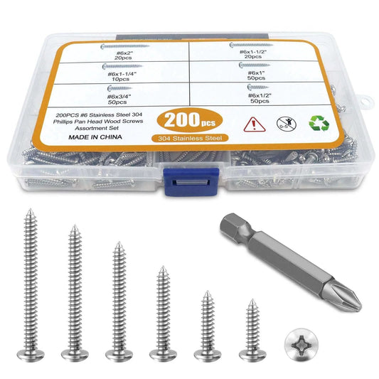 200 Pcs #6 Wood Screws Assortment Kit Made from 304 Stainless Steel Featuring Pan Head Self Tapping Sheet Metal Screws in 6 Lengths from 1/2 to 2 Inches with Screwdriver Bit for Wood Metal and Plastic
