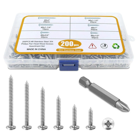 200 Pcs #8 Wood Screws Assortment Kit Made from 304 Stainless Steel Featuring Pan Head Self Tapping Sheet Metal Screws in 6 Lengths from 1/2 to 2 Inches with Screwdriver Bit for Wood Metal and Plastic