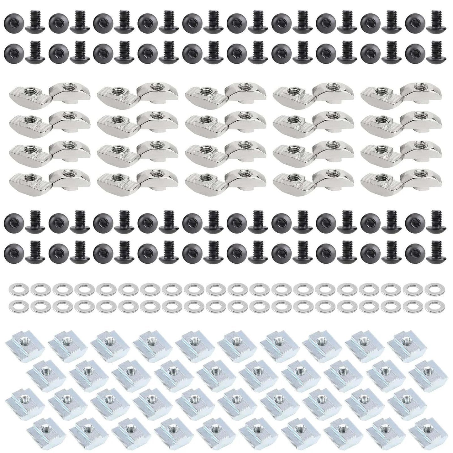 200 Pcs M5 T Slot Nut Kit for 2020 Series Aluminum Extrusion Profile Frames, designed for 6mm T slot systems and including M5 hexagon socket screws in 8mm and 10mm lengths, T sliding nuts, standard T nuts, and washers in a black finish.