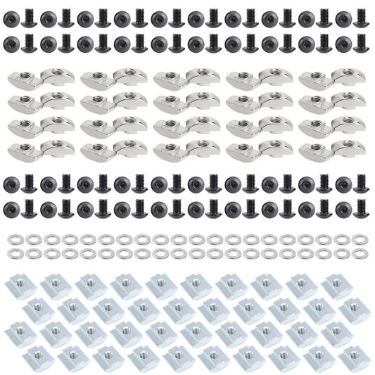 200 Pcs M5 T Slot Nut Kit for 2020 Series Aluminum Extrusion Profile Frames, designed for 6mm T slot systems and including M5 hexagon socket screws in 8mm and 10mm lengths, T sliding nuts, standard T nuts, and washers in a black finish.