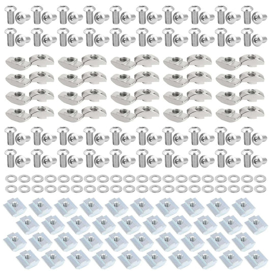 200 Pcs M5 T Slot Nut and Screw Kit for 2020 Series Aluminum Extrusion, designed for 6mm T slot profiles and including M5 hexagon socket screws in 8mm and 10mm lengths, M5 T sliding nuts, standard M5 T nuts, and washers in a silver stainless steel finish.