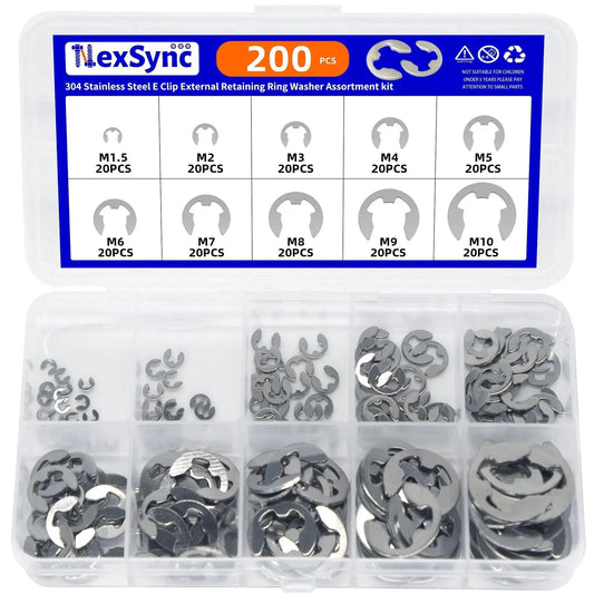 200 Piece Metric E Clips Assortment Kit With 304 Stainless External Retaining Rings M1.5 To M10 in clear case